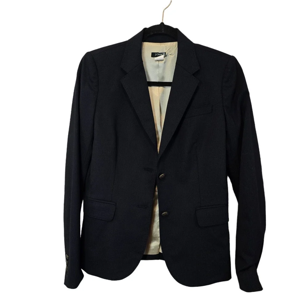 J.Crew Navy Pinstripe Wool Blend Two Pattern Gold Button Blazer Coat Jacket 4